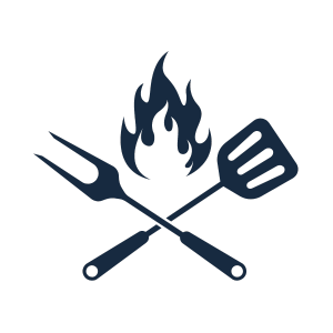 Ícone de churrasqueira com chama e utensílios de churrasco cruzados