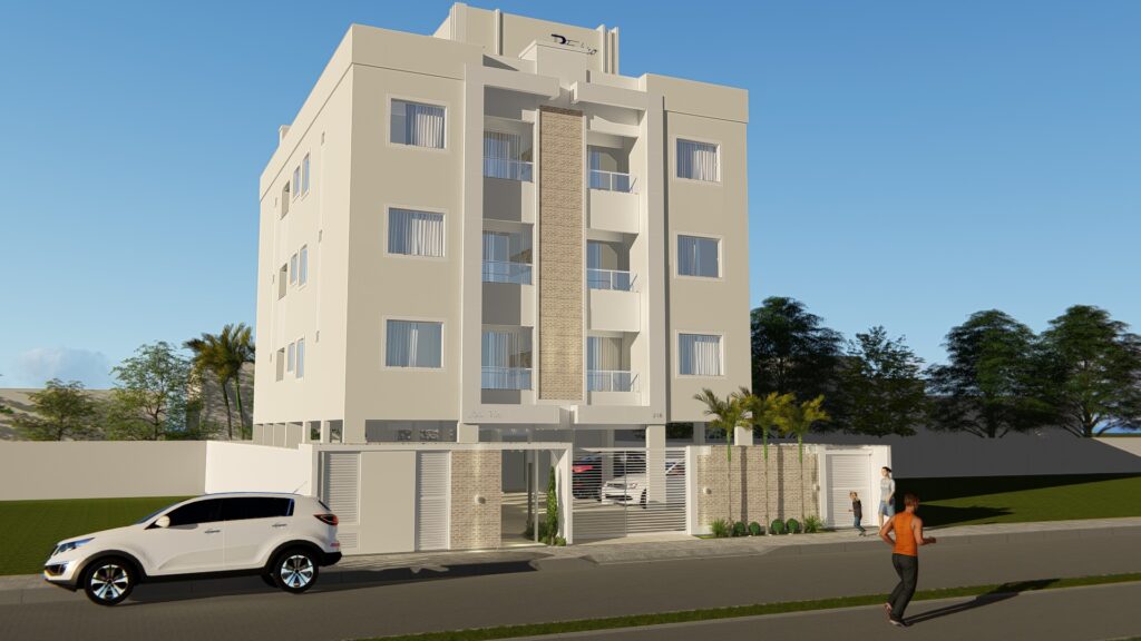 Fachada do Residencial Dolce Vitta com quatro andares, sacadas envidraçadas e detalhes em revestimento cerâmico