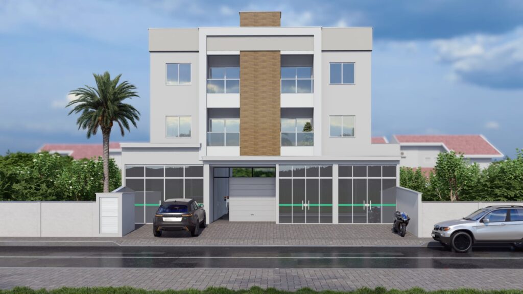 Fachada frontal do Residencial Bella Vitta com três pavimentos e detalhes em revestimento cerâmico