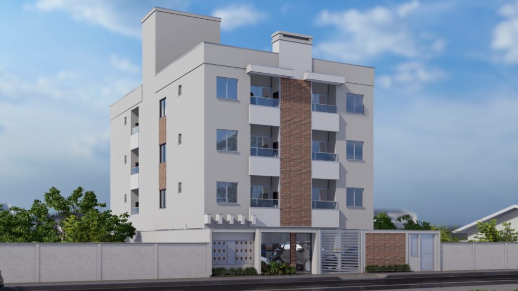 Fachada do Residencial Felicittá com quatro andares, varandas com vidro e detalhes em tijolo à vista