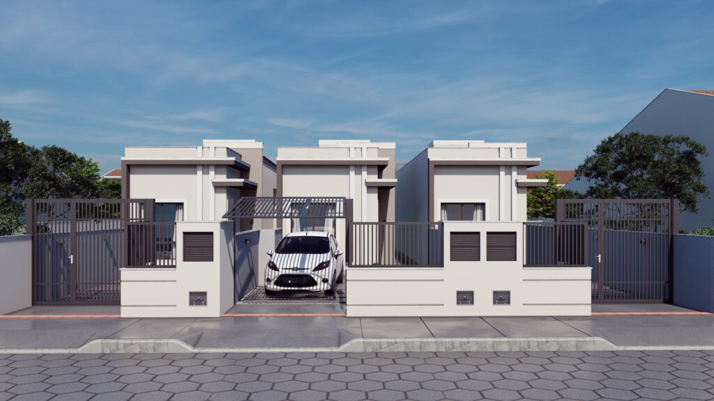 Fachada do Residencial Alice com três casas térreas geminadas, muros altos e portões metálicos