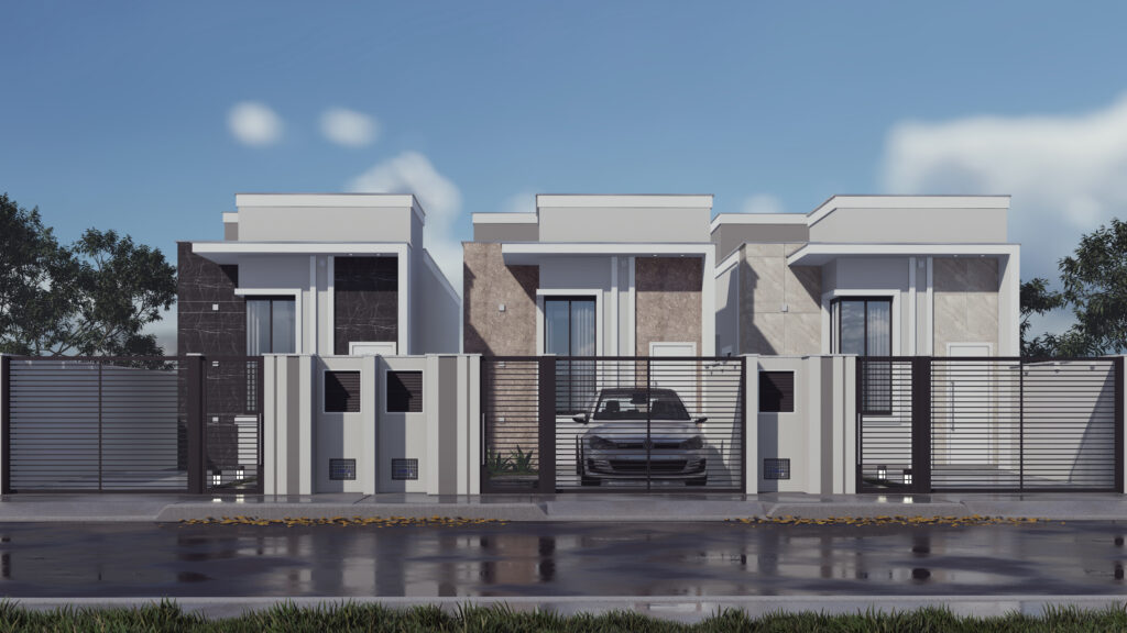 Fachada do Residencial Clara com três casas térreas geminadas, portões metálicos e revestimento em pedra