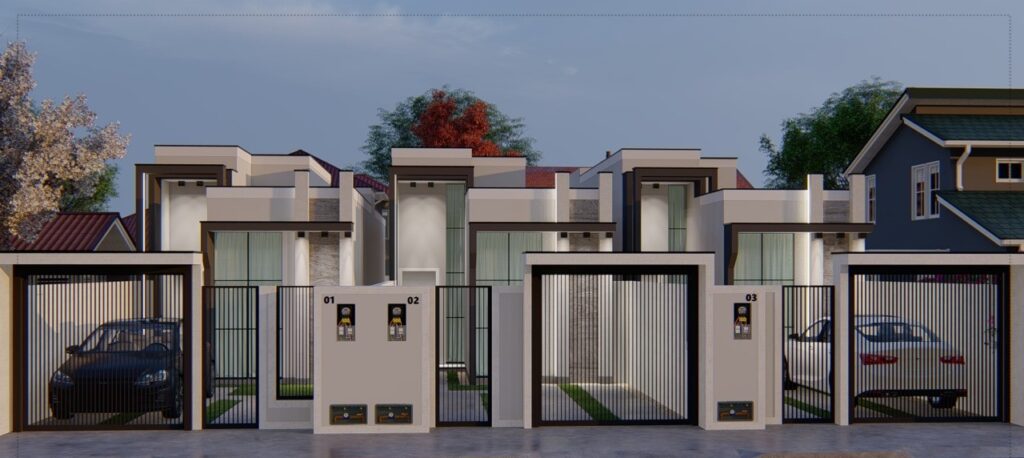Fachada frontal do Residencial Orquídea com portões individuais, arquitetura contemporânea e vagas de garagem