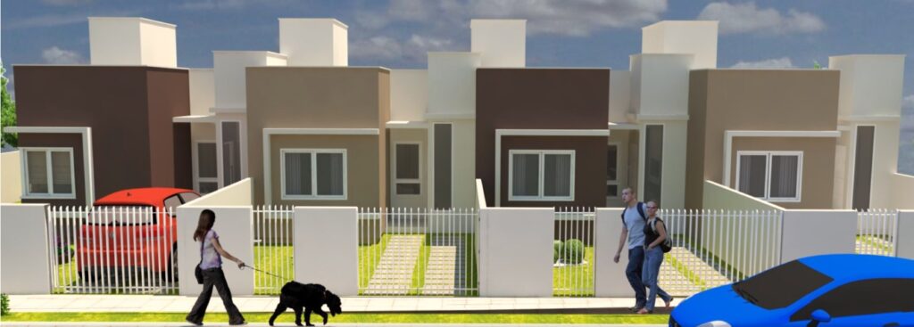 Fachada das casas do Residencial Rosa dos Ventos II com jardim, garagem e calçada arborizada