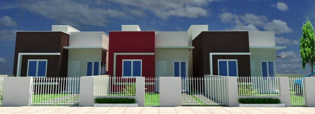 Fachada frontal do Residencial Rosa dos Ventos III com três casas geminadas e design com cores contrastantes