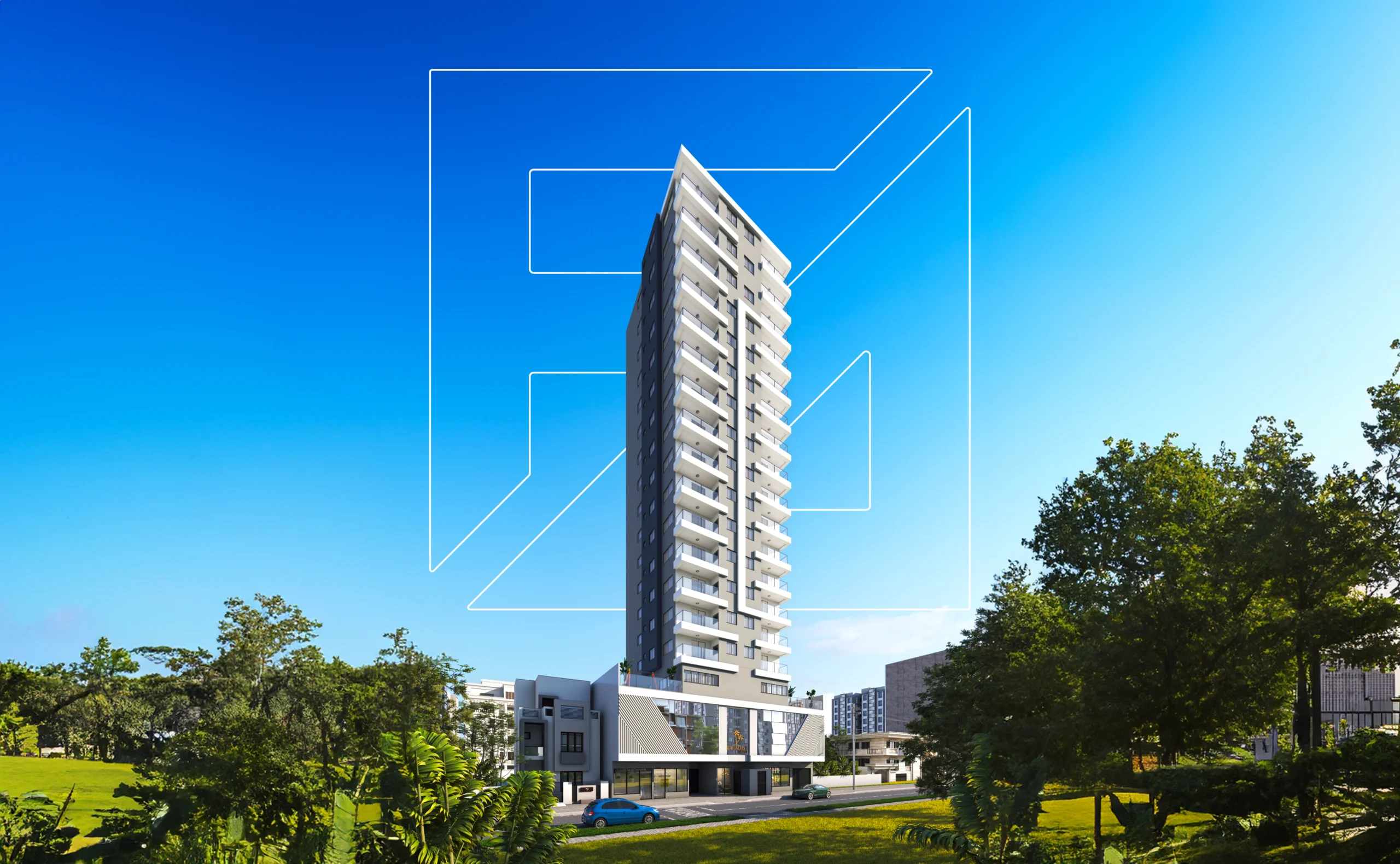 Vista do Residencial Paradise Mobile com design arrojado, fachada curva e detalhes em tons escuros e claros, localizado em área urbana