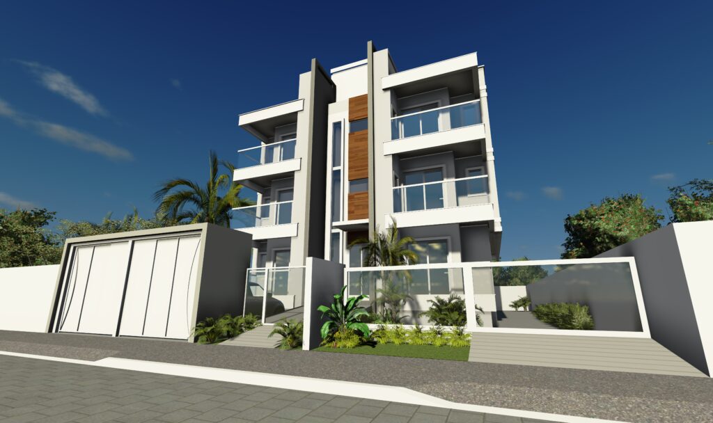 Fachada do Residencial Florence com três andares, sacadas de vidro e detalhes em madeira