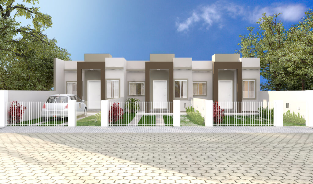 Fachada frontal do Residencial Amália com três casas térreas geminadas, garagem e paisagismo