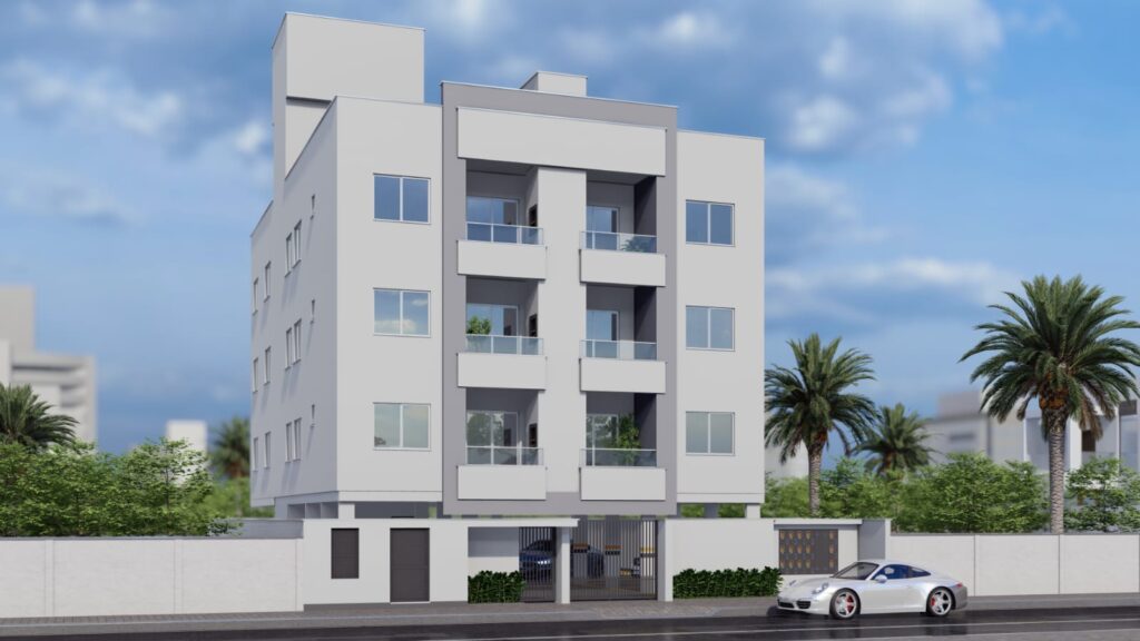 Fachada frontal do Residencial Portal da Mata com quatro andares e varandas com guarda-corpo de vidro