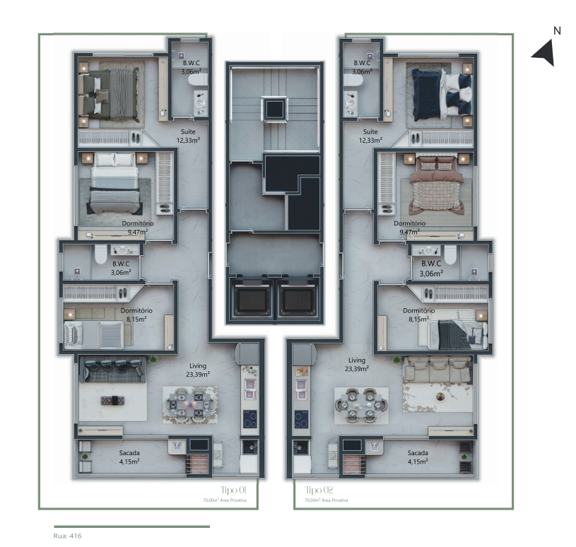 Planta humanizada dos apartamentos Tipo 01 e Tipo 02 do Paradise Residence