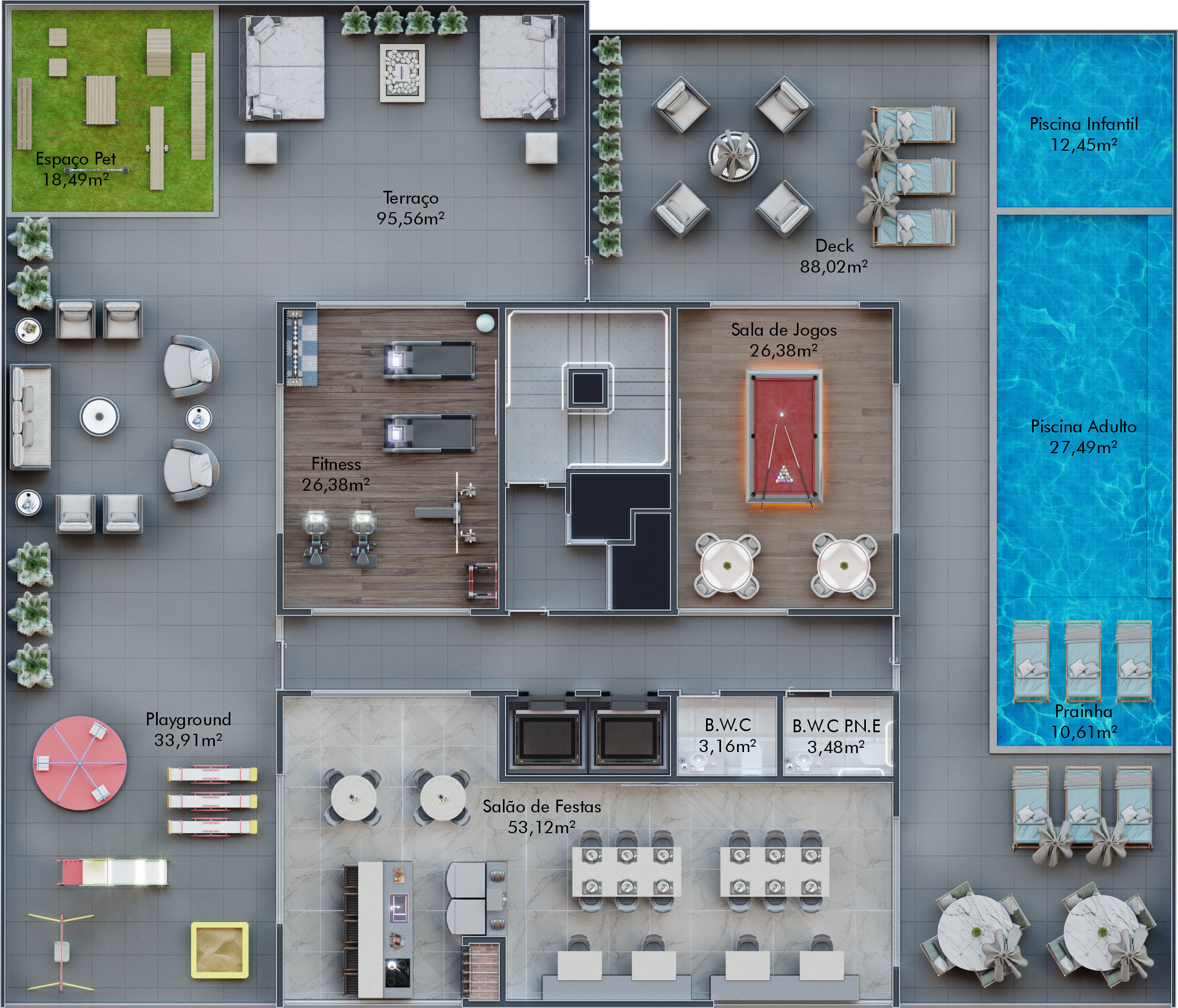 Planta humanizada do térreo com áreas de lazer do Paradise Residence