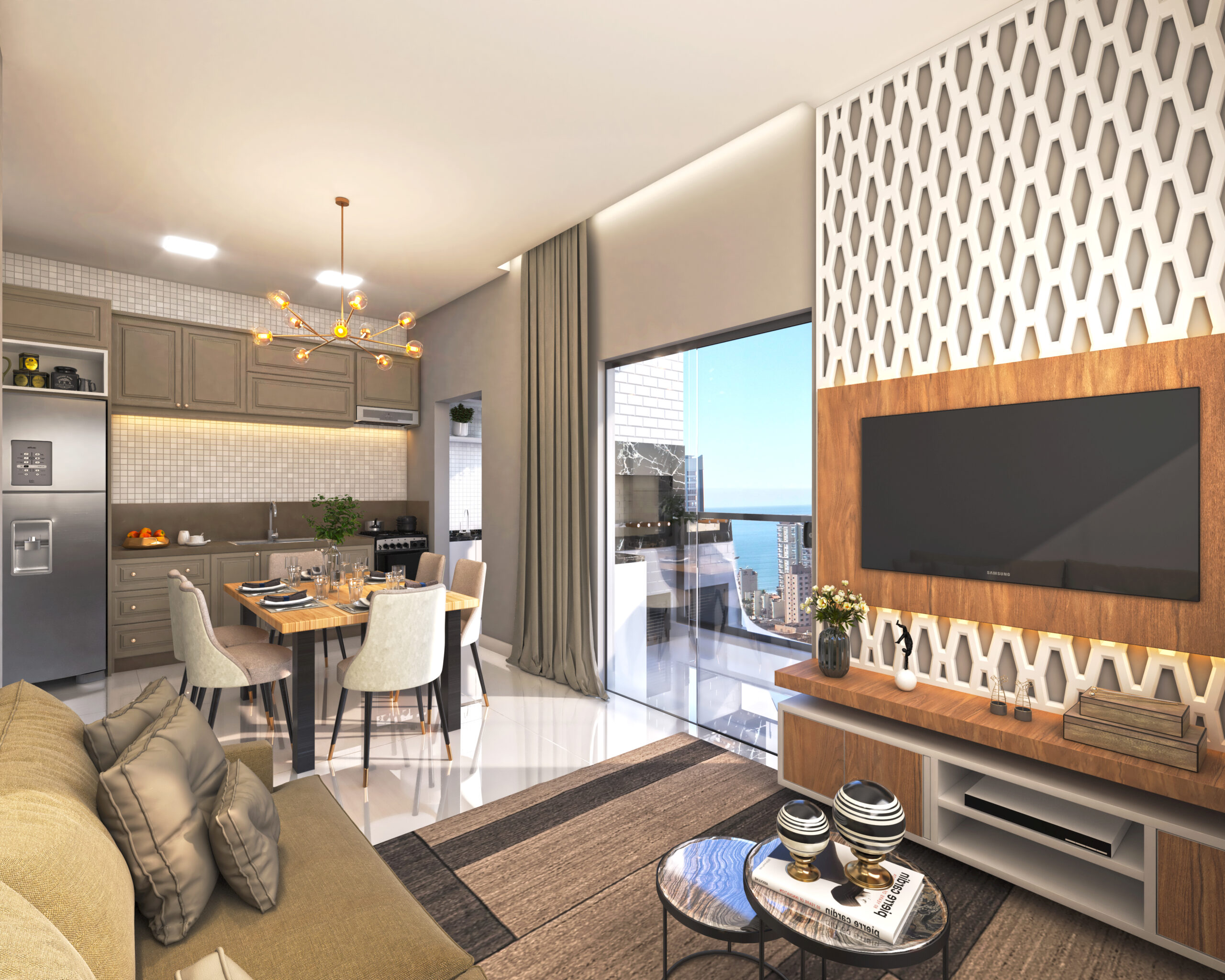 Sala com cozinha integrada, vista para o mar e painel de TV em madeira