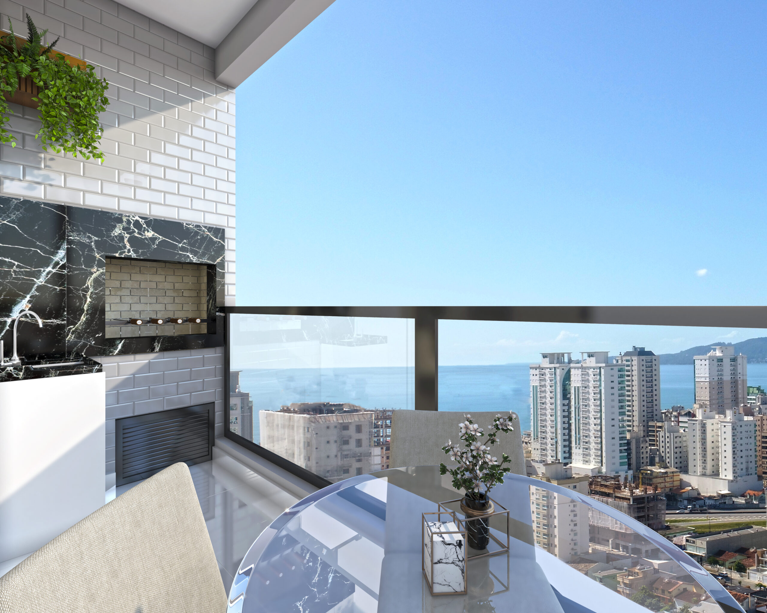 Varanda gourmet com churrasqueira e vista panorâmica para o mar