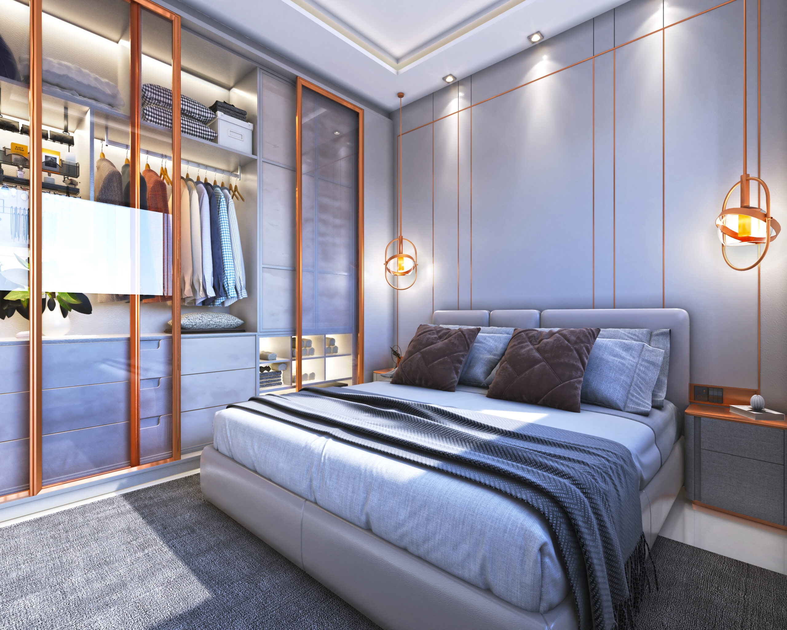 Suíte com cama de casal, iluminação embutida e closet espelhado
