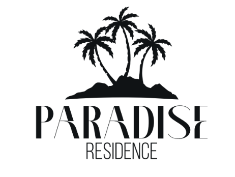Logotipo Paradise Residence com coqueiros e ilha