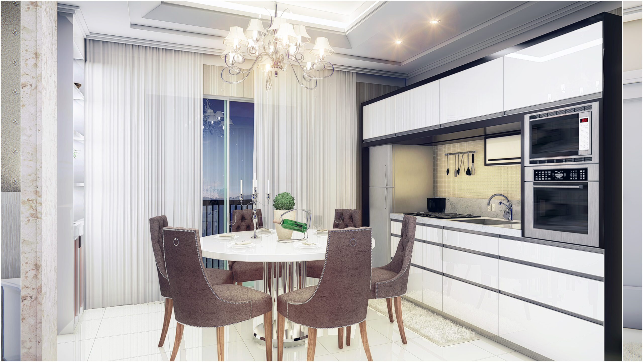 Cozinha planejada com sala de jantar integrada e acabamentos modernos no projeto Paradise Residence