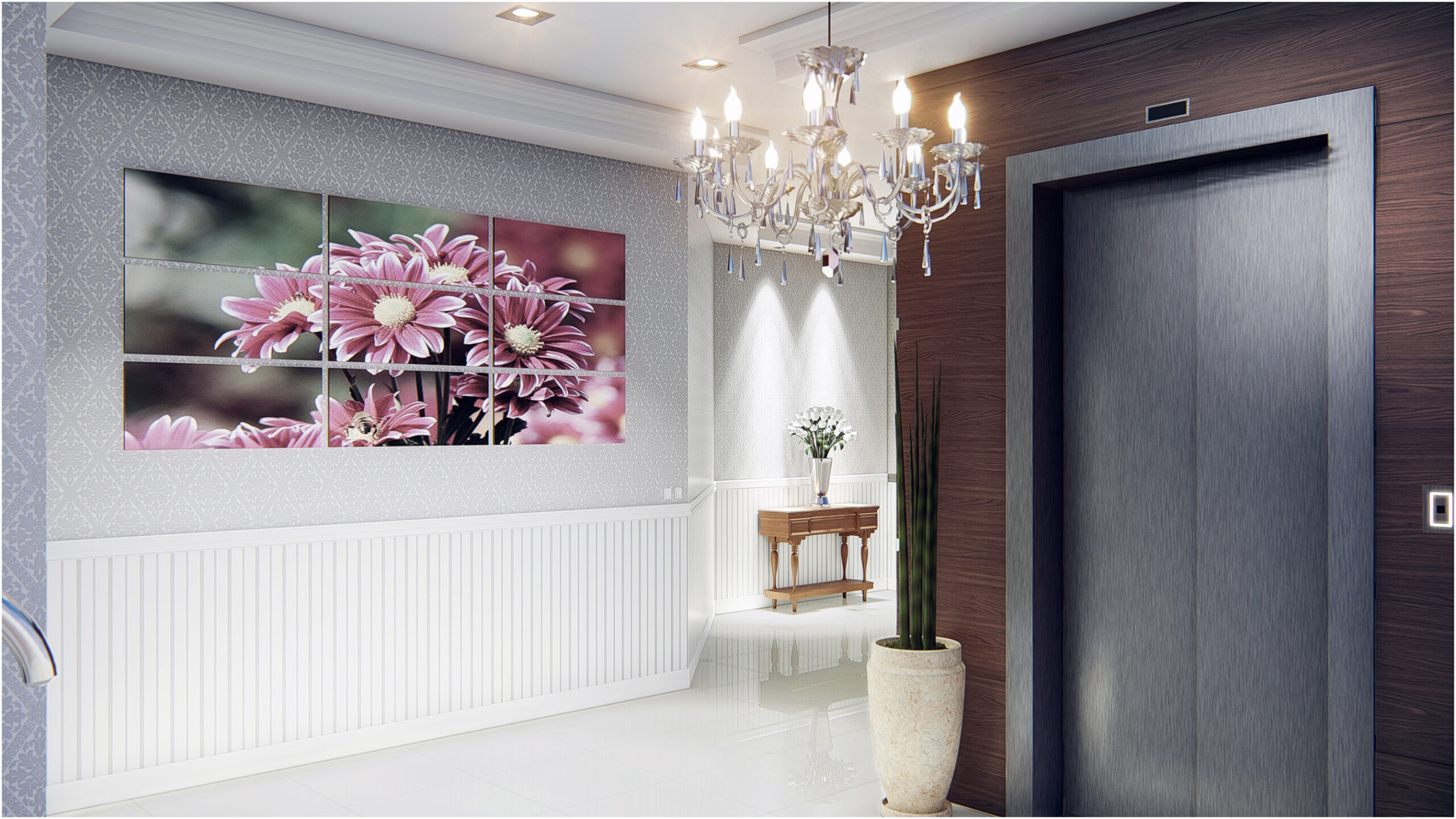 Hall de entrada com elevador, lustre clássico, quadro floral em destaque e decoração elegante no projeto Paradise Residence