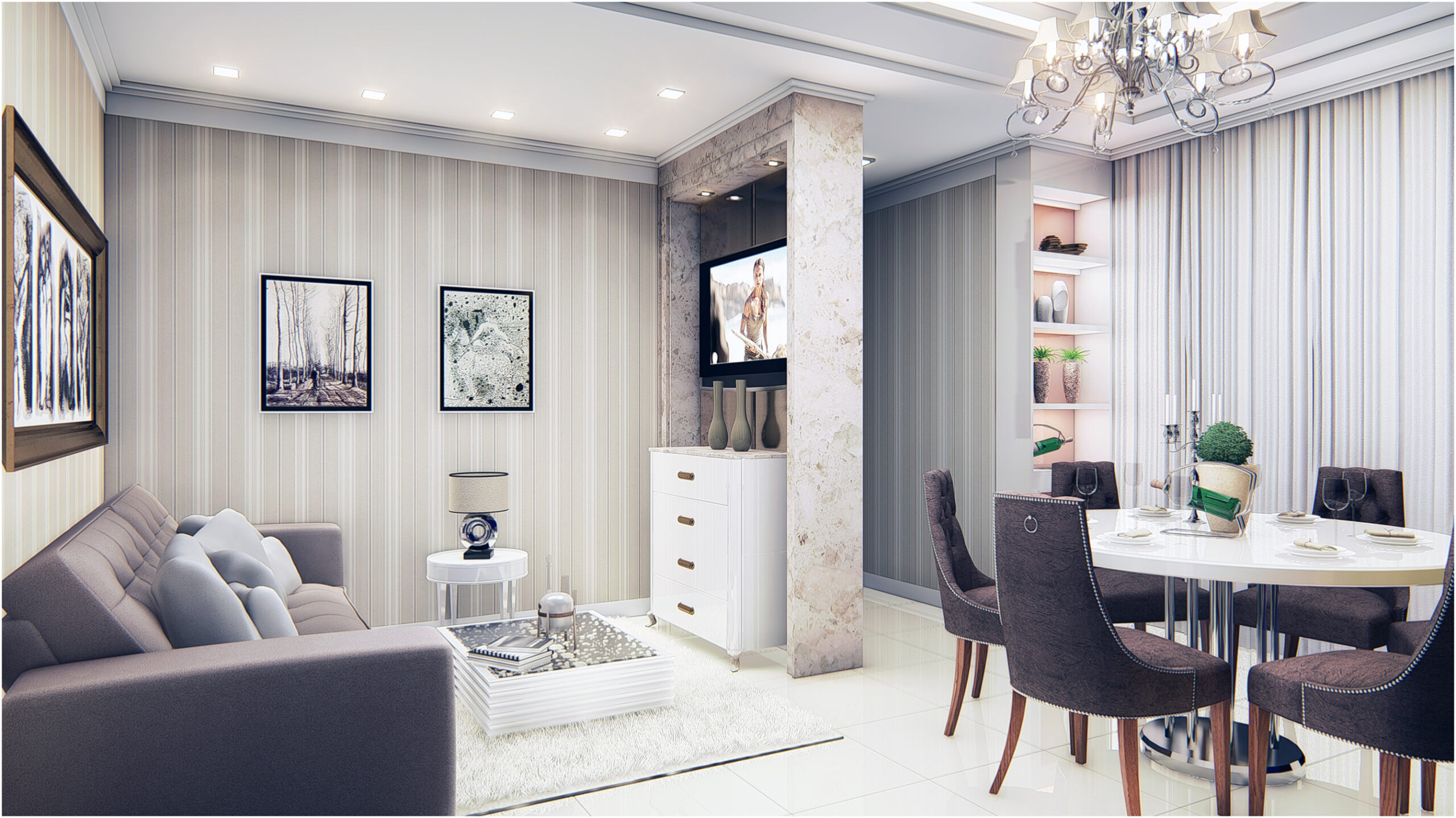 Sala de estar e jantar integradas com decoração sofisticada e móveis contemporâneos no projeto Paradise Residence