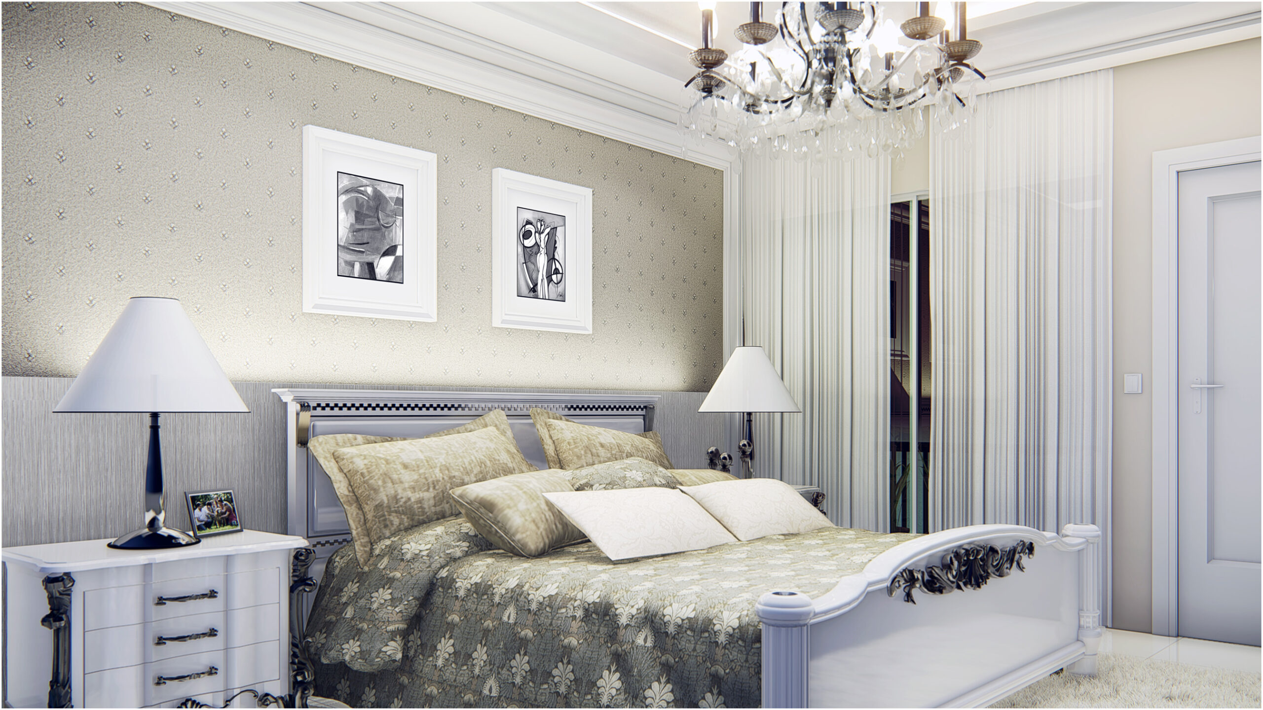 Quarto decorado em estilo clássico com cama de casal, lustre de cristal e papel de parede floral